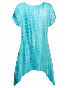 Womens Short Sleeve Round Neck Tie-dye Asymmetric Hem T-shirt Blue