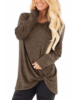 Fashion Crew Neck Long Sleeve Front Knot Loose Plain T-Shirt Coffee