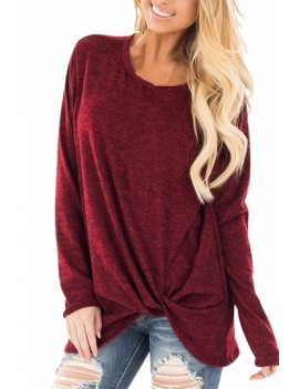 Fashion Crew Neck Long Sleeve Front Knot Loose Plain T-Shirt Ruby