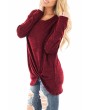 Fashion Crew Neck Long Sleeve Front Knot Loose Plain T-Shirt Ruby