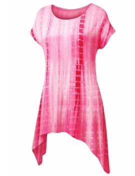 Womens Short Sleeve Round Neck Tie-dye Asymmetric Hem T-shirt Rose Red