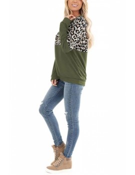 Long Sleeve Contrast Leopard T-Shirt Olive