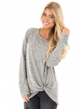 Fashion Crew Neck Long Sleeve Front Knot Loose Plain T-Shirt Gray