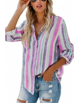 Striped Button Loose Fit Shirt Rose Red