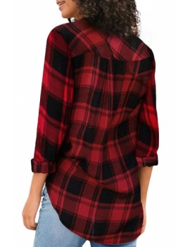 Roll Up Sleeve Button Front Plaid Shirt Red
