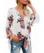 Casual V Neck Knot Floral Blouse White