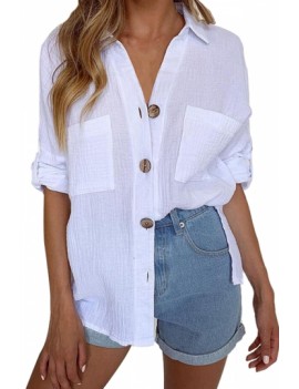 Roll-Up Sleeve Solid Blouse White