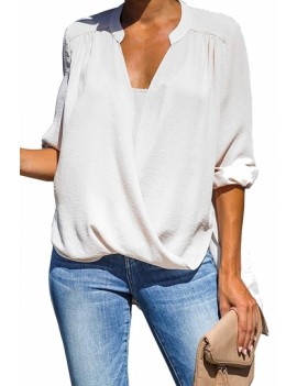Roll Up Sleeve Wrap Blouse White