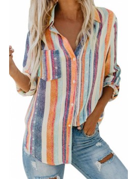 Roll-Up Sleeve Striped Blouse Tangerine
