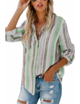 Color Striped Roll-Up Blouse Green