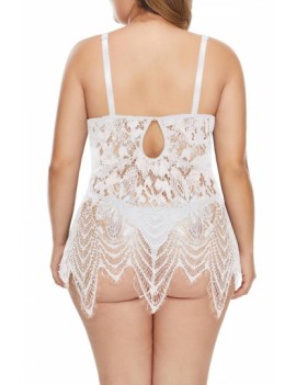 Plus Size Sheer Lace Babydoll With Thong White