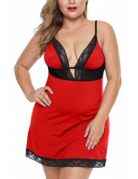 Plus Size Lace Night Dress With Thong Red