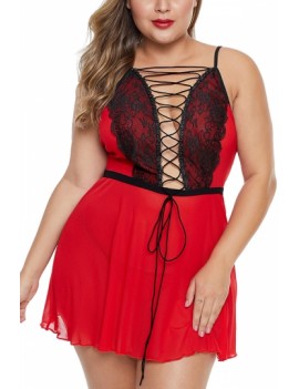 Plus Size Lace Up Babydoll With Thong Red