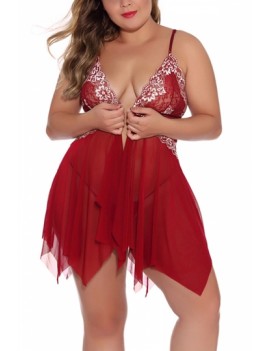 Plus Size Lace Babydoll Lingerie With Thong Ruby