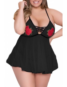Plus Size Floral Sheer Babydoll With Thong Black