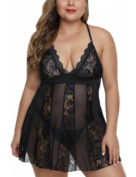 Plus Size Sheer Lace Babydoll With Thong Black