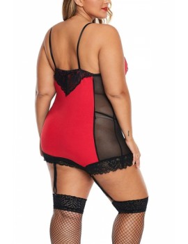 Plus Size Babydoll Floral Lace With Thong Red