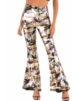 Plus Size Camo High Waisted Flared Pants Gold