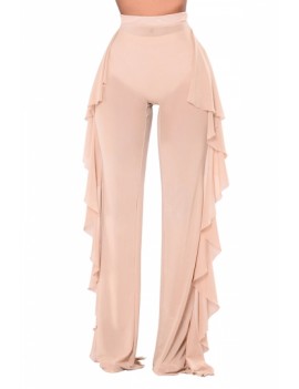 Plus Size High Waisted Mesh Ruffle See Through Pants Apricot