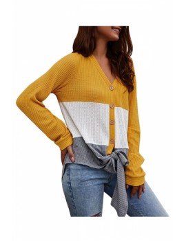 V Neck Button Waffle Knit Cardigan Sweater Yellow