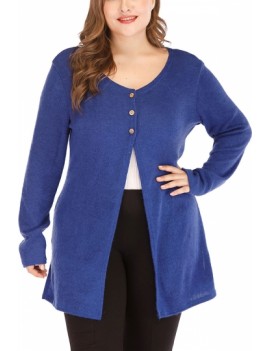 Plus Size Cardigan With Button For Women Blue