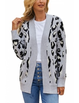 Leopard Knitted Open Front Cardigan Gray
