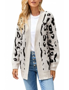 Long Sleeve Leopard Knitted Cardigan Beige White