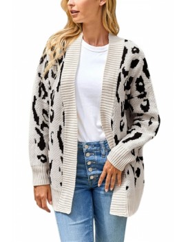 Long Sleeve Leopard Knitted Cardigan Beige White