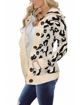 Hooded Leopard Button Cardigan Sweater Beige White