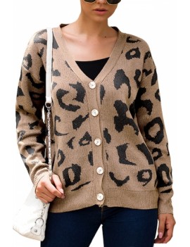 Leopard Button Up Cardigan Sweater Khaki