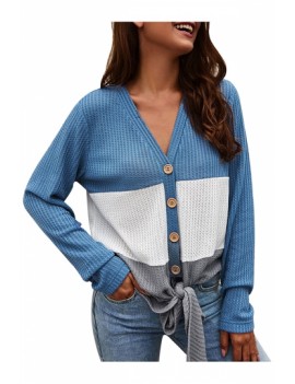 Knot Hem Color Block Cardigan Sweater Blue