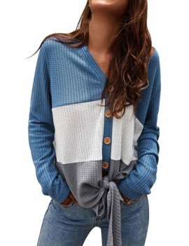 Knot Hem Color Block Cardigan Sweater Blue