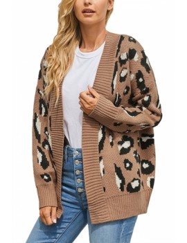 Open Front Leopard Cardigan Sweater Brown