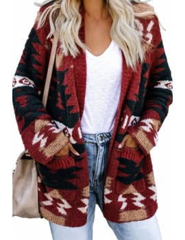 Open Front Pocketed Aztec Cardigan Ruby