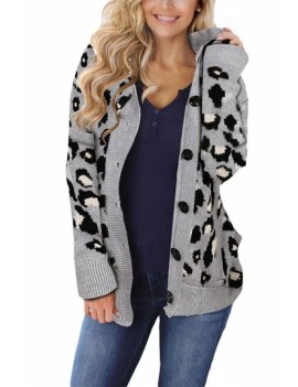 Button Hooded Leopard Cardigan Gray