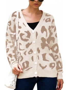 Womens Button Leopard Cardigan Sweater White