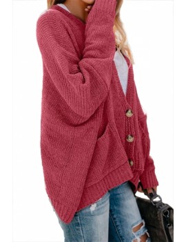 Button Front Oversize Cardigan With Pocket Rose Red