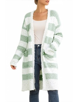 Striped Open Front Cardigan With Pocket Green
