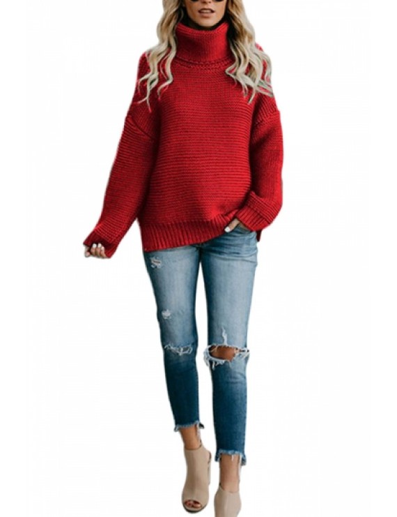 Drop Shoulder High Neck Pullover Sweater Red