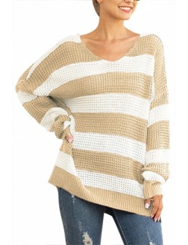 Drop Shoulder Striped Pullover Sweater Khaki