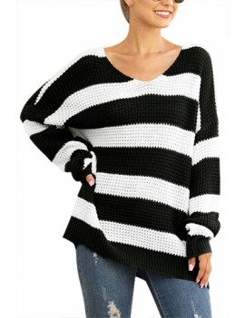 V Neck Drop Shoulder Striped Sweater Black