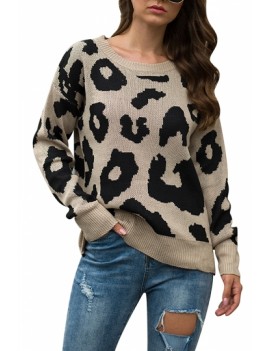 Leopard Pullover Knitted Sweater Khaki