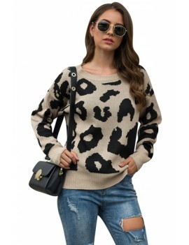 Leopard Pullover Knitted Sweater Khaki