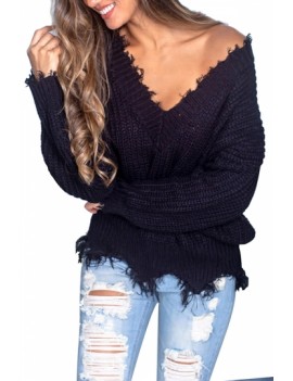 Solid Knitted Sweater Frayed Trim Black