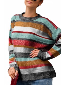 Drop Shoulder Striped Pullover Sweater Green