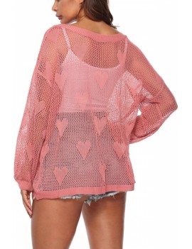 Loose Fit Heart Print Crochet Knit Sweater Pink