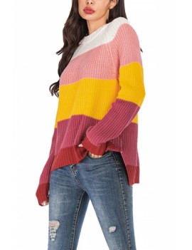 Round Neck Color Block Rainbow Sweater Pink