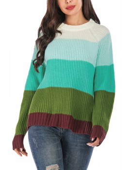 Crew Neck Color Block Pullover Sweater Green