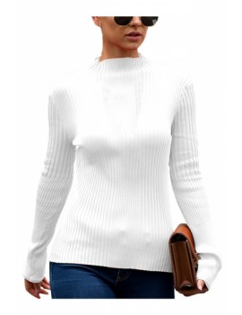 Ribbed Plain Mock Neck Sweater White