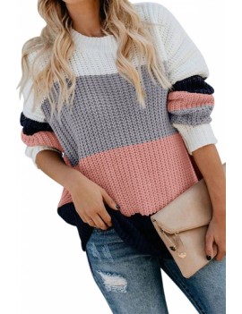 Loose Fit Color Block Pullover Sweater Pink